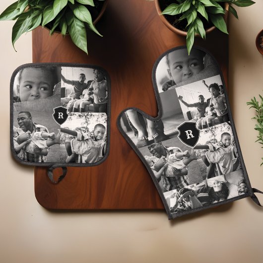 白黒ミニマルフォトコラージモノグラムクレスト 鍋つかみ&鍋敷きセット