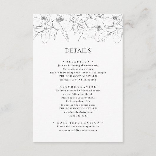 白黒ミニマルフローラモダン結婚ズ エンクロージャーカード (正面)