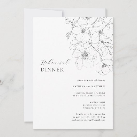 白黒ミニマルフローラリハーサルディナー 招待状 (正面)
