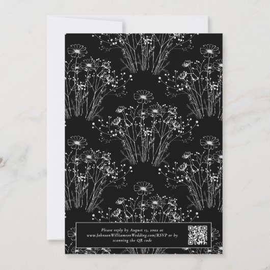白黒ミニマルフローラQRコードエレガントな結婚式 招待状 (裏面)