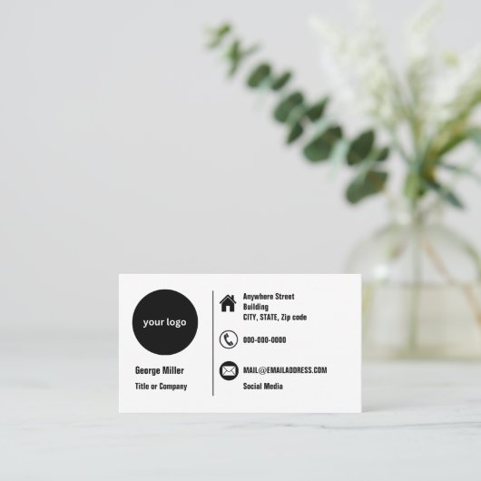 白黒ミニマルプロフェッショナルラウンドロゴ 名刺 (スタンド正面)