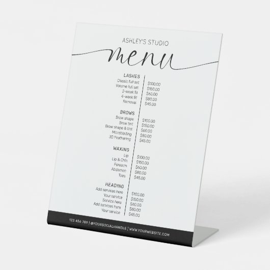 白黒ミニマルヘアサロン価格一覧メニュー 台座サイン (正面)