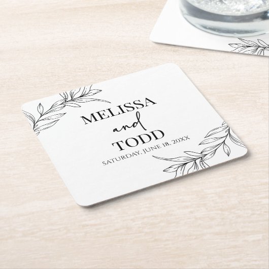 白黒ミニマルミニマル枝結婚葉 スクエアペーパーコースター (アングル)