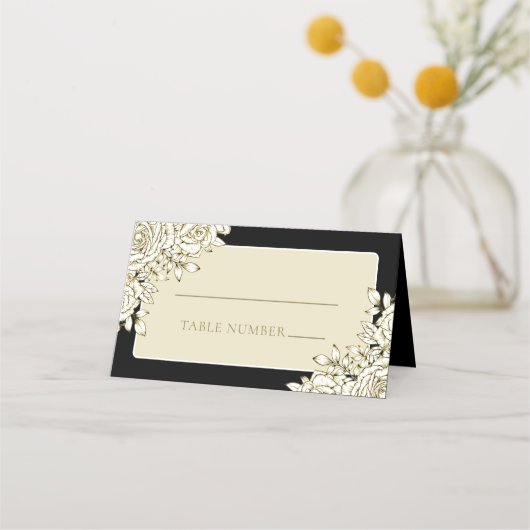 白黒ミニマルモダンフローラ結婚の プレイスカード (正面)