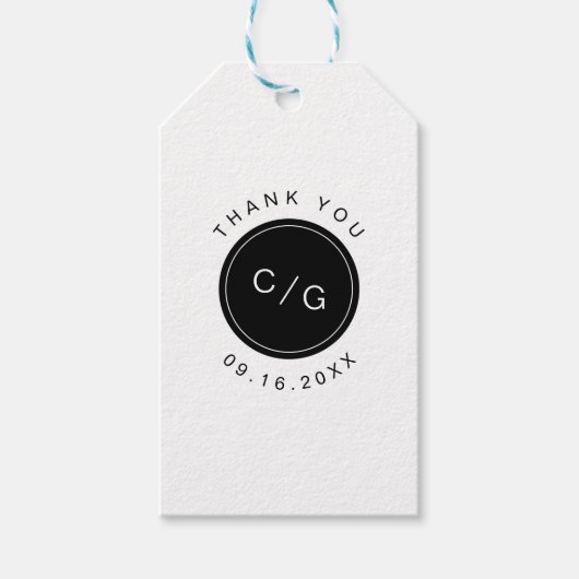 白黒ミニマルモダンリスト結婚のモノグラム ギフトタグ (正面)