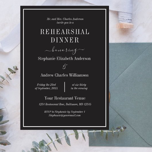 白黒ミニマルモダンリハーサルディナー 招待状