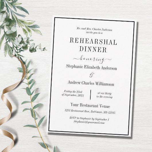 白黒ミニマルモダンリハーサルディナー 招待状