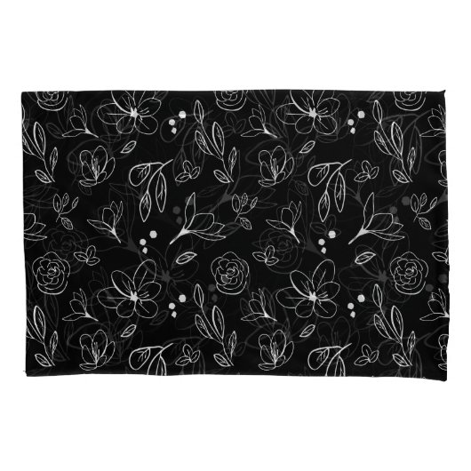 白黒ミニマルモダン花模様離れ 枕カバー (正面左)