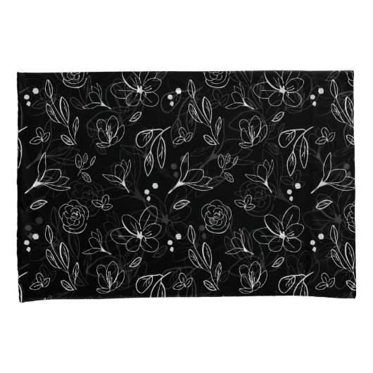 白黒ミニマルモダン花模様離れ 枕カバー (正面右)