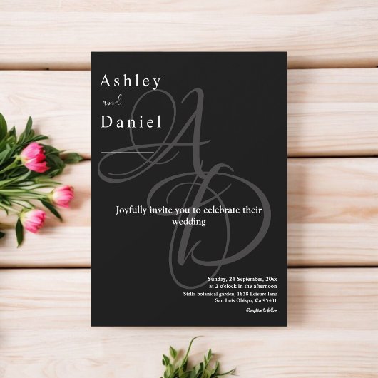 白黒ミニマルモノグラムエレガントな結婚式 招待状