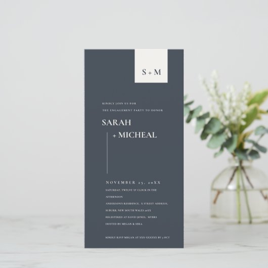 白黒ミニマルモノグラム婚約招待状 サンキューカード (スタンド正面)