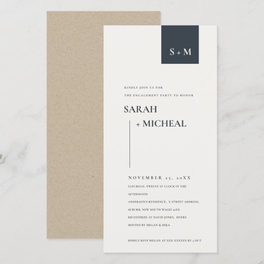 白黒ミニマルモノグラム婚約招待状 サンキューカード (正面/裏面)