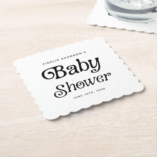 白黒ミニマルレトロベビーシャワー ペーパーコースター (アングル)