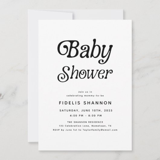 白黒ミニマルレトロベビーシャワー 招待状 (正面)
