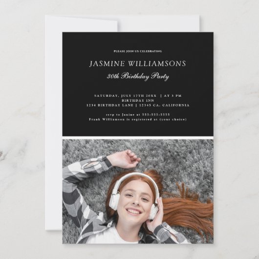 白黒ミニマル任意の年齢誕生日写真 招待状 (正面)