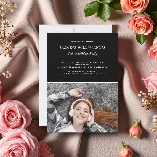 白黒ミニマル任意の年齢誕生日写真 招待状