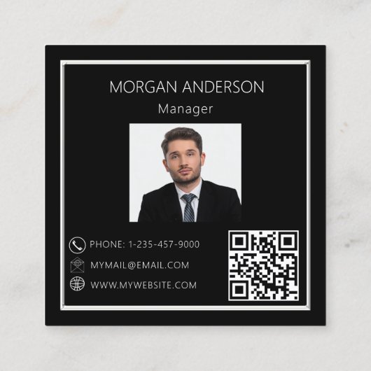 白黒ミニマル写真ロゴQRコード スクエア名刺 (裏面)