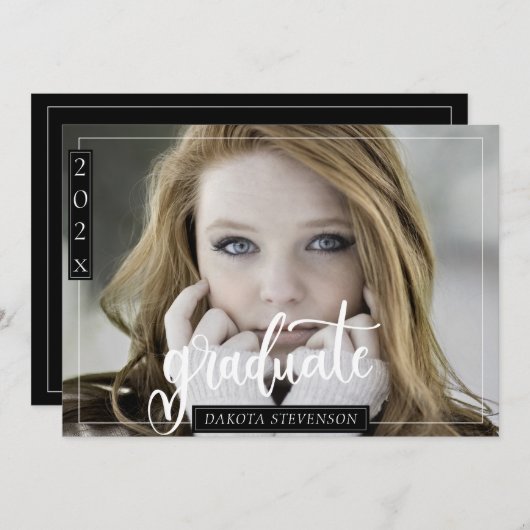 白黒ミニマル写真卒業パーティー 招待状 (正面/裏面)