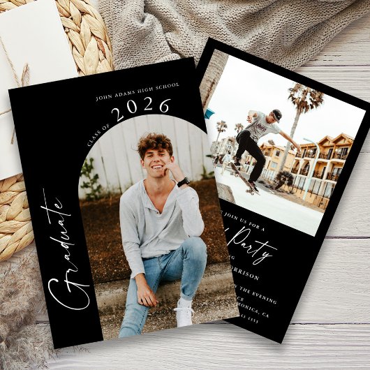 白黒ミニマル写真卒業パーティー 招待状