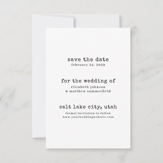 白黒ミニマル写真日付カードを保存 招待状 (裏面)