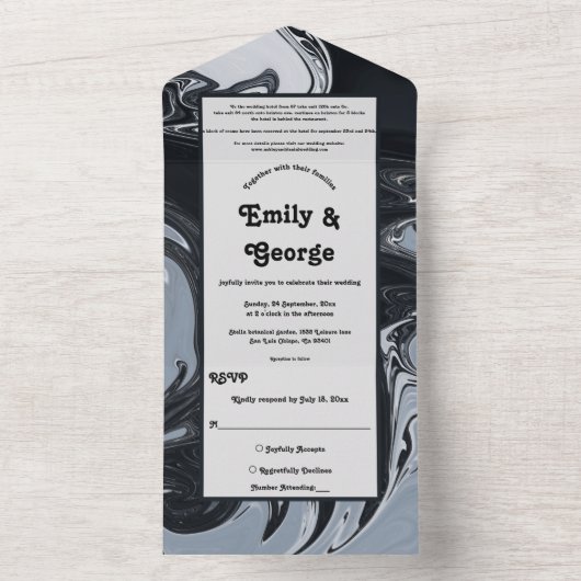 白黒ミニマル抽象芸術絵画ズ結婚の オールインワン招待状 (内側)