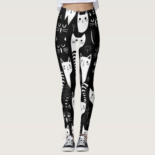 白黒ミニマル猫パターン レギンス (正面)
