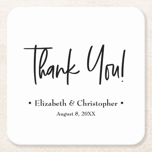 白黒ミニマル結婚の感謝のお願い スクエアペーパーコースター (正面)
