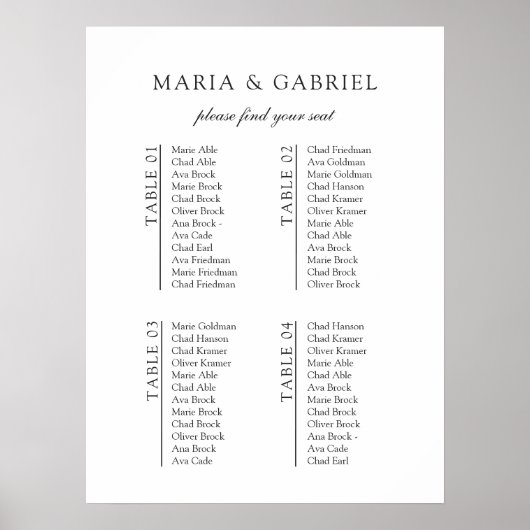 白黒ミニマル結婚リストの座席表 ポスター (正面)