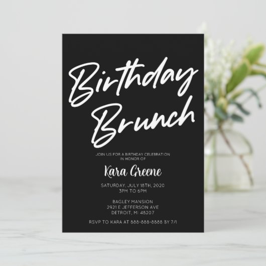 白黒ミニマル誕生日ブランチ招待状 招待状 (スタンド正面)
