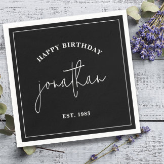 白黒ミニマル誕生日名前をカスタムする スタンダードカクテルナプキン