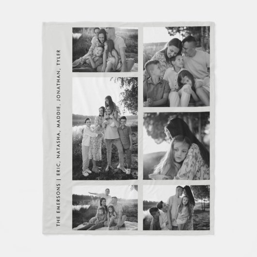 白黒ミニマル6フォトコラージュの家族の名前 フリースブランケット (正面)