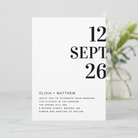 白黒ミニマ結婚リストタイポグラフィ+ QR 招待状 (スタンド正面)