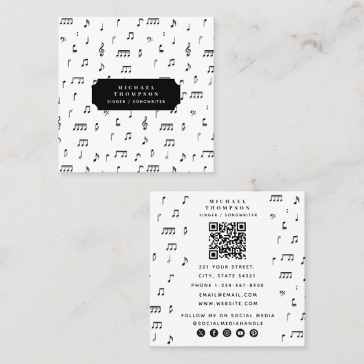 白黒ミュージカルノート記号QRコード スクエア名刺 (正面/裏面)