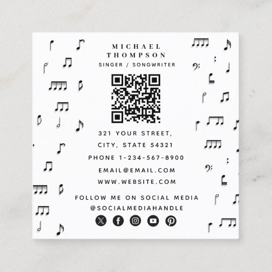 白黒ミュージカルノート記号QRコード スクエア名刺 (裏面)