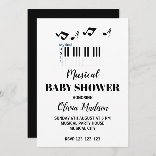白黒ミュージカル男女兼用ベビーシャワー 招待状 (正面/裏面)