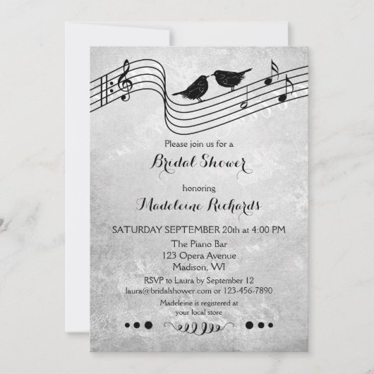 白黒ミュージックをテーマにしたブライダルシャワー招待状 招待状 (正面)