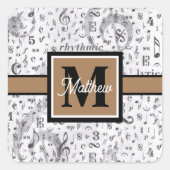 白黒ミュージックノートミュージシャンモノグラム スクエアシール (正面)