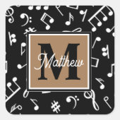 白黒ミュージックノートミュージシャンモノグラム スクエアシール (正面)