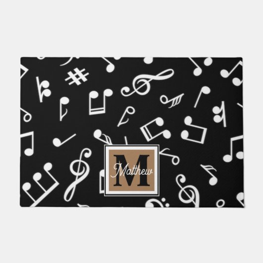 白黒ミュージックノートミュージシャンモノグラム ドアマット (正面)