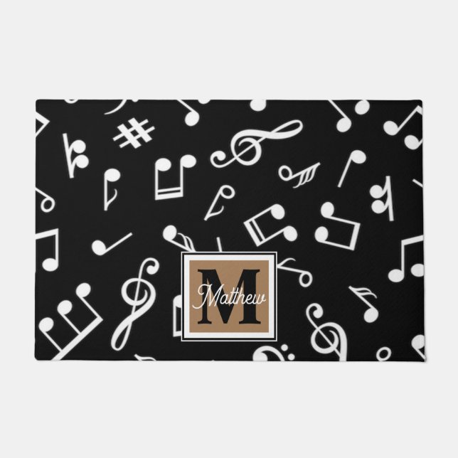 白黒ミュージックノートミュージシャンモノグラム ドアマット (正面)