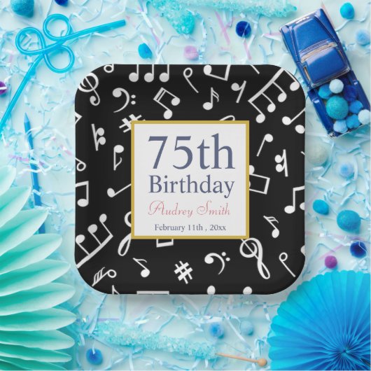 白黒ミュージックノートミュージシャン誕生日 ペーパープレート (パーティー)