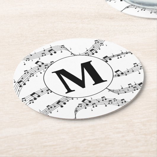 白黒ミュージックノートモノグラム ラウンドペーパーコースター (アングル)