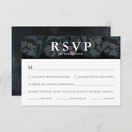 白黒ムーディフローラ結婚式RSVPカード 招待状 (正面/裏面)