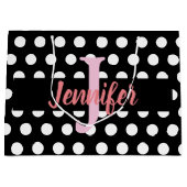 白黒メディア水玉模様名前をカスタムする ラージペーパーバッグ (正面)