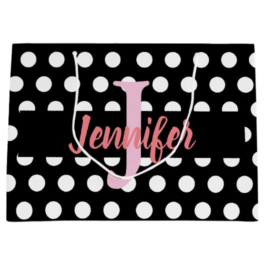 白黒メディア水玉模様名前をカスタムする ラージペーパーバッグ (正面)