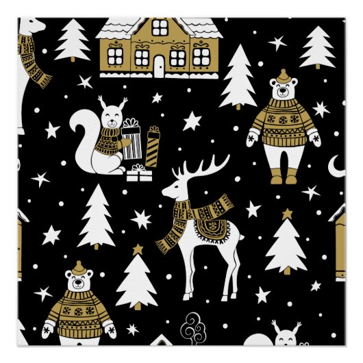 白黒メリークリスマスの雪片セット ポスター (正面)