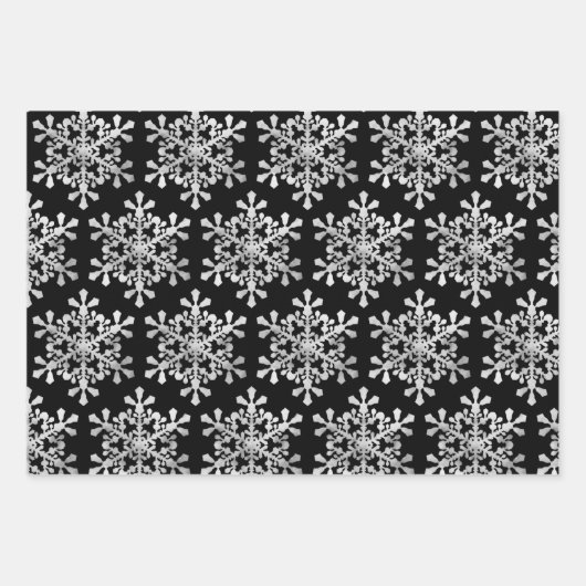 白黒メリークリスマスの雪片セット ラッピングペーパーシート (正面2)