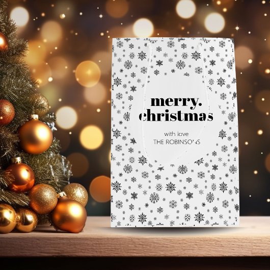 白黒メリークリスマススノーフレーク・パターン ミディアムペーパーバッグ