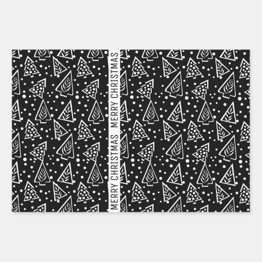 白黒メリークリスマスツリーの休日 ラッピングペーパーシート (正面3)