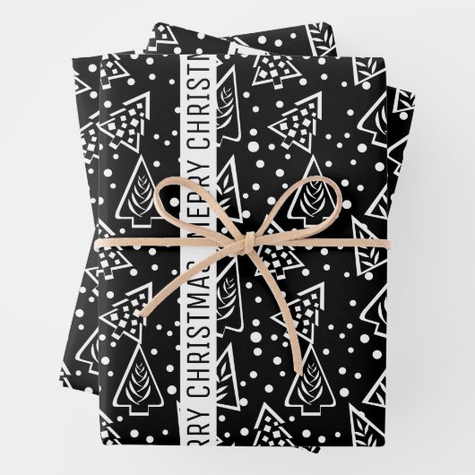 白黒メリークリスマスツリーの休日 ラッピングペーパーシート (インサイチュ)